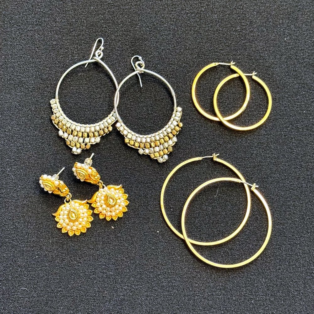 Four Pair Gold and Mixed Metal Earrings Hoops and Dangle Style EUC
